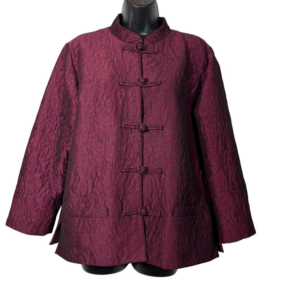 Quilted Burgundy Red Blazer Frog Closure Mandarin Collar Adrienne Vittandi